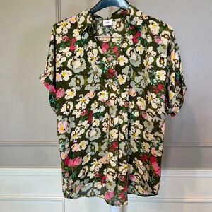 CAbi 6717 Replay Top Blouse Spring 25 NWOT Large Olive Floral Pink Popover